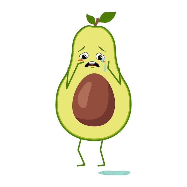 Schattig avocado karakter met huilen en tranen emoties geïsoleerd op een witte achtergrond de grappige of verdrietige ...