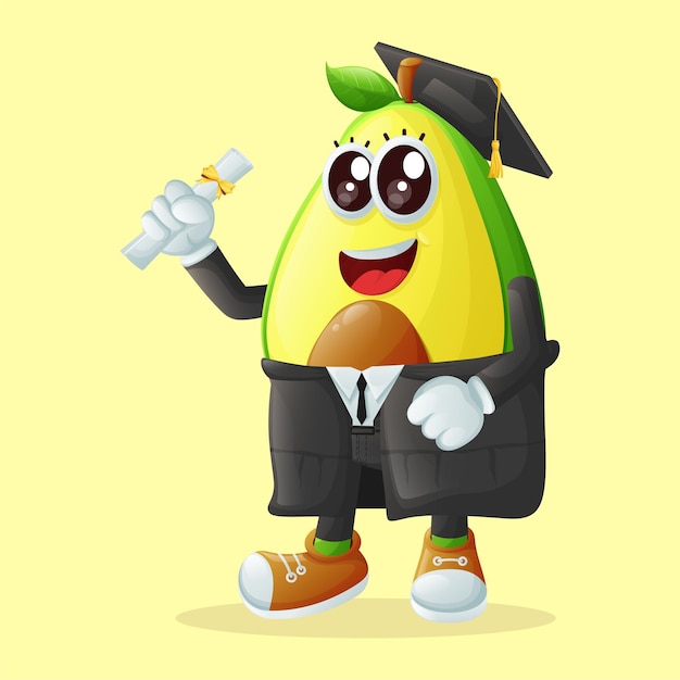 Vector schattig avocado-personage met een afstudeerpet en een diploma in de hand