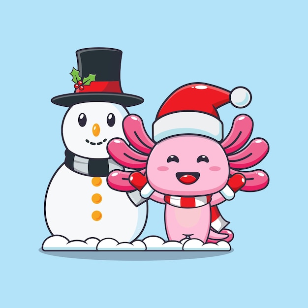 Schattig axolotl spelen met sneeuwpop. Leuke kerst cartoon afbeelding.