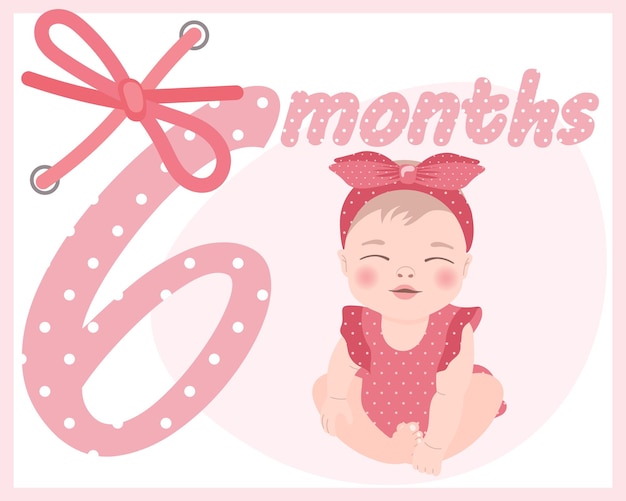 Schattig babymeisje in een roze jurk met een strik, kaart voor de verjaardag van kinderen. Illustratie, afdrukken, vector