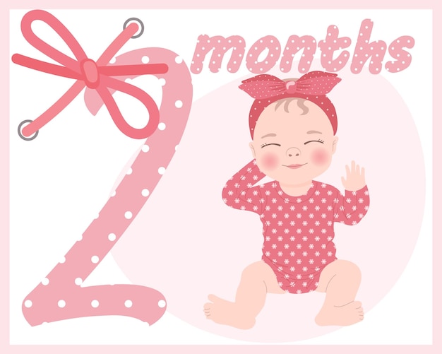 Schattig babymeisje in een roze jurk met een strik, kaart voor de verjaardag van kinderen. Illustratie, afdrukken, vector