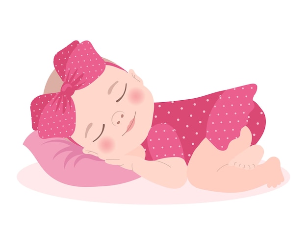 Schattig babymeisje in een roze jurk met een strik, pasgeboren babymeisje. Kinderkaart, afdrukken, vector
