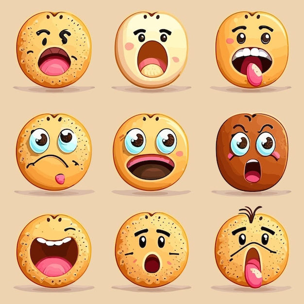 Schattig bagel karakter gezicht emoji set geïsoleerd op achtergrond vectorillustratie