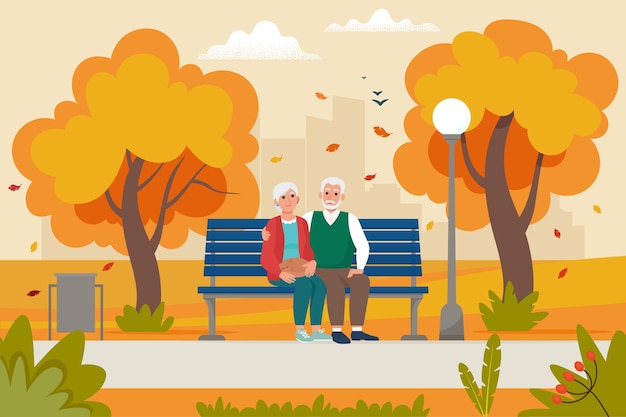Schattig bejaarde echtpaar zittend op de bank in het park in de herfst. Vectorillustratie in vlakke stijl