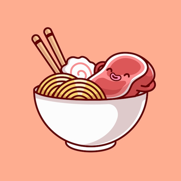 Vector schattig biefstuk ontspannen in ramen noodle cartoon vector icon illustratie voedsel object geïsoleerd plat
