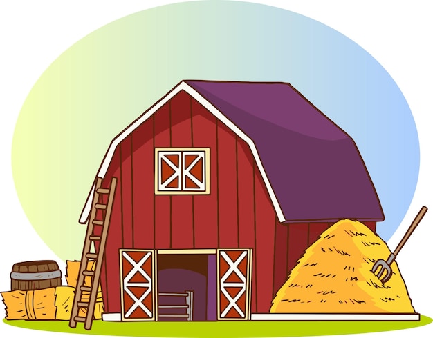 Vector schattig boerderij rood huis op een witte achtergrond in cartoon-stijl. vectorillustratie met stabiele and