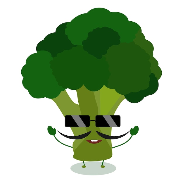 Vector schattig broccoli karakter met bril en snor gezonde voeding illustratie