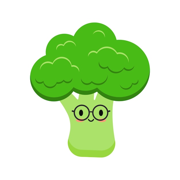 Schattig broccoli met brillen cartoon plantaardige kinderen pictogram geïsoleerd op een witte achtergrond gezonde slimme broccoli vegan emoticon verse groene groente chatacter mascotte platte ontwerp vectorillustratie