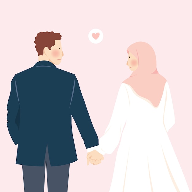 Schattig bruiloft moslim paar portret hand in hand van achterkant illustratie, nikah mubarak groeten, walima save the date met roze achtergrond