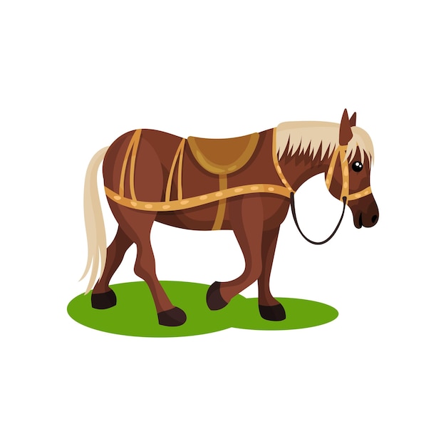 Vector schattig bruin paard met blonde manen en staart solidhoofed dier met zadel op rug zoogdier schepsel op groen gras cartoon vector design kleurrijke vlakke afbeelding geïsoleerd op witte achtergrond