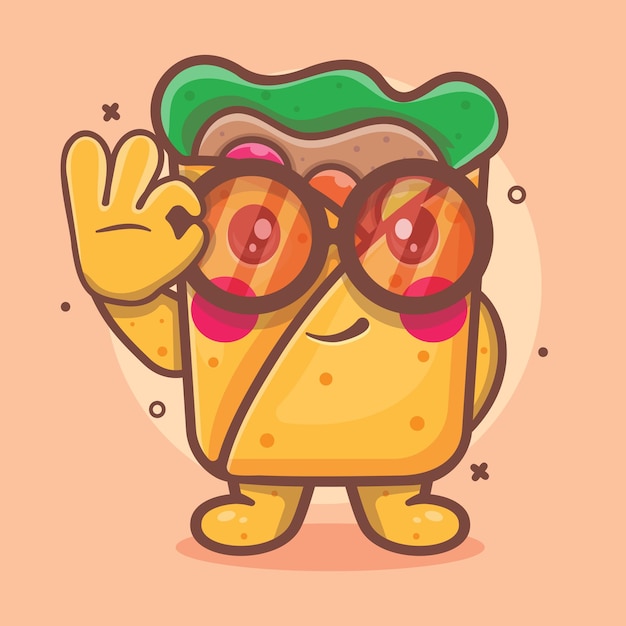 Vector schattig burrito eten karakter mascotte met ok teken handgebaar geïsoleerde cartoon in vlakke stijl ontwerp