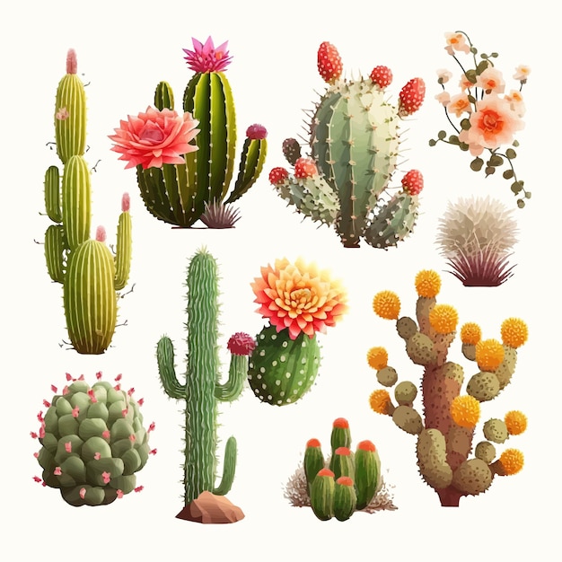Schattig cactussen, vetplanten en woestijnplanten met bloemen geïsoleerd op witte achtergrond Geïsoleerd op achtergrond Cartoon vectorillustratie