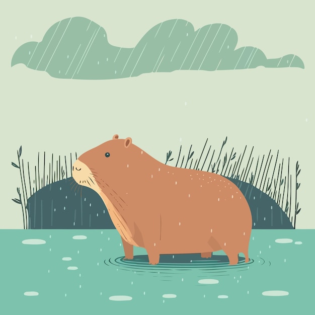 Vector schattig capibara dier in het water van een rivier