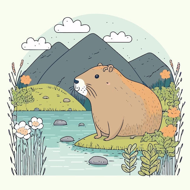 Schattig capibara dier in veld met bloemen in de buurt van water