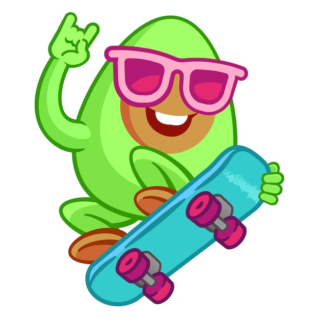 Schattig cartoon avocado karakter op skateboard