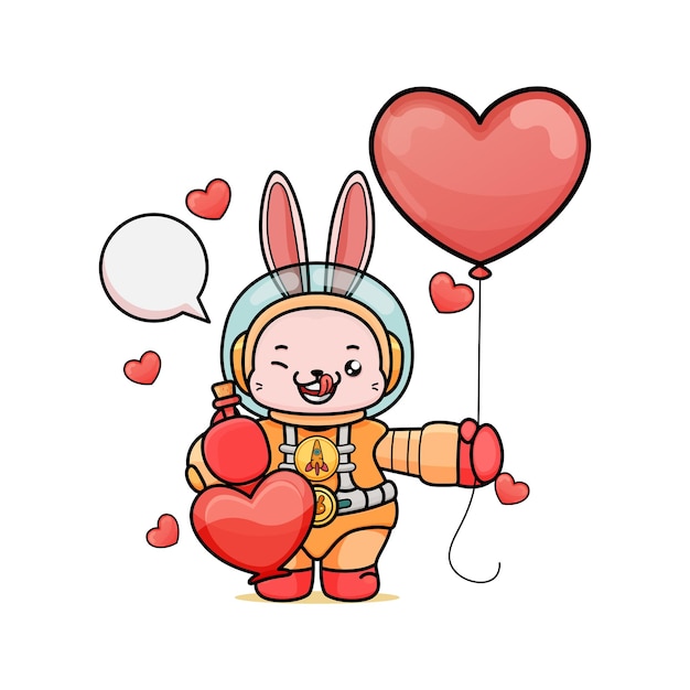 schattig cartoonkonijntje in astronautenkostuum met ballon en liefdesdrankje voor animatie