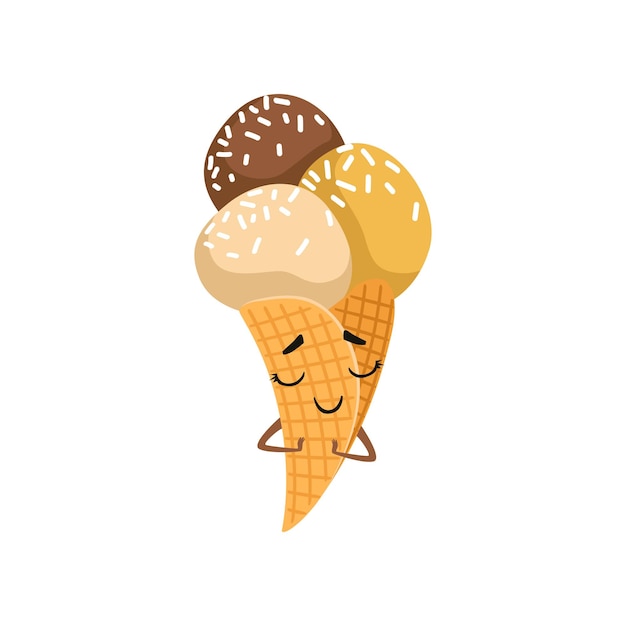 Schattig cartoonroomijs in wafelkegel. Heerlijk eten. Zoet bevroren dessert met schattig gezicht en kleine handjes. Element voor print, kaart, flyer of kindermenu. Platte vectorillustratie geïsoleerd op wit