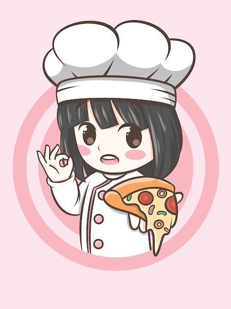 Schattig chef-kok meisje met een pizza - chef-kok cartoon