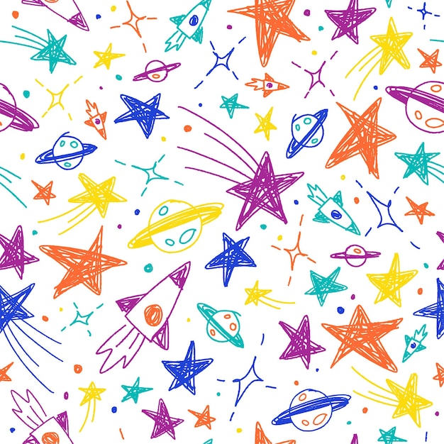 Vector schattig confetti ster melkweg ruimte nachtelijke hemel meteoor vallende ster planeet saturnus raket strooi sparkle shine doodle krabbel schets borstel pen inkt abstracte kleur naadloze patroon witte achtergrond