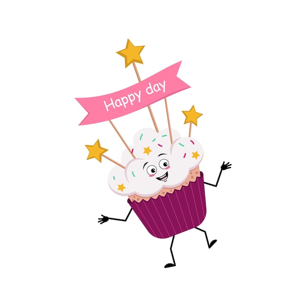 Schattig cupcake karakter met vrolijke emoties glimlach gezicht dansen gelukkige ogen armen en benen zoet voedsel w...