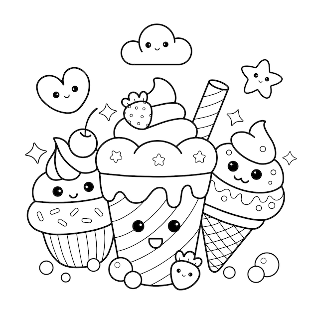 Vector schattig dessert snoep eten cupcake en ijs tekening kleurplaat