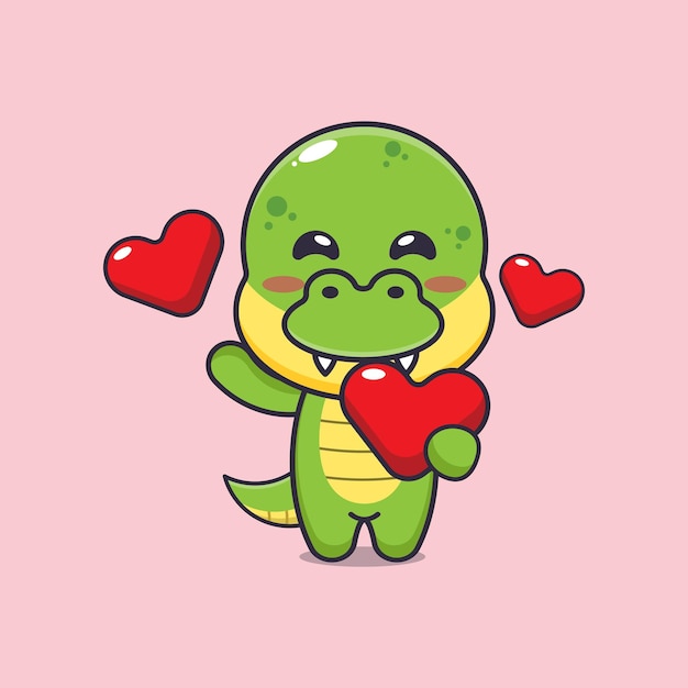 schattig dino stripfiguur met liefdeshart op Valentijnsdag