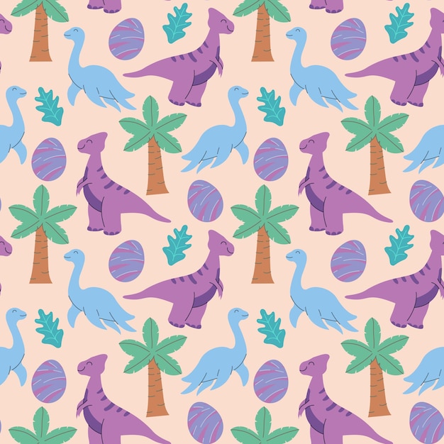 Schattig dinosaurussen en tropische planten grappige cartoon dino naadloze patroon hand getekende vector doodle ontwerp voor meisjes kinderen hand getekende children39s patroon voor mode kleding shirt stof
