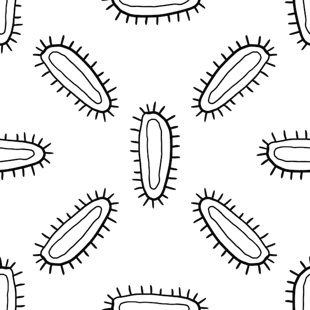 Schattig doodle bacterie, bacil, virus naadloze patroon geïsoleerd op een witte achtergrond.