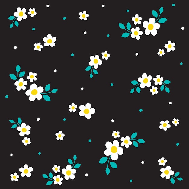 Vector schattig doodle witte margriet kamille bloem element met bladeren bloemen ditsy blad polkadot dot confetti abstracte organische vorm hand getrokken hand tekenen cartoon naadloze kleurpatroon zwarte achtergrond