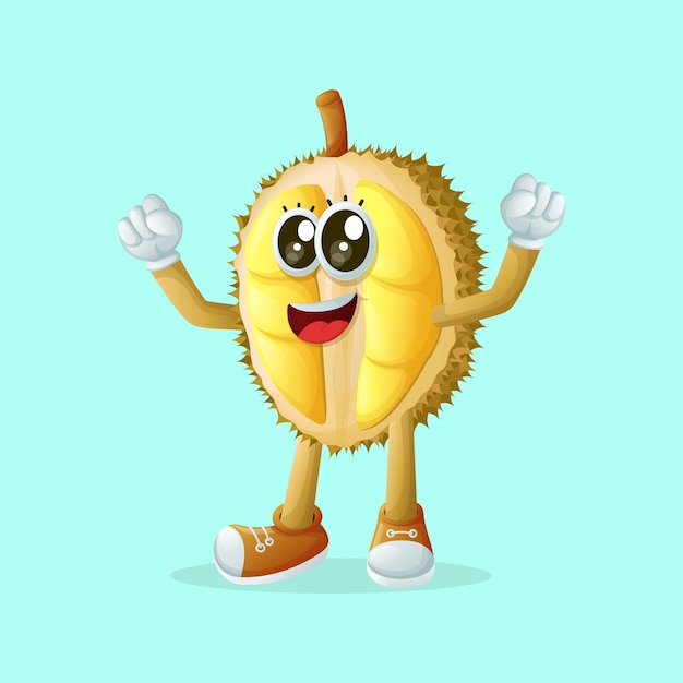 Schattig durian personage dat een overwinningsteken maakt met zijn hand