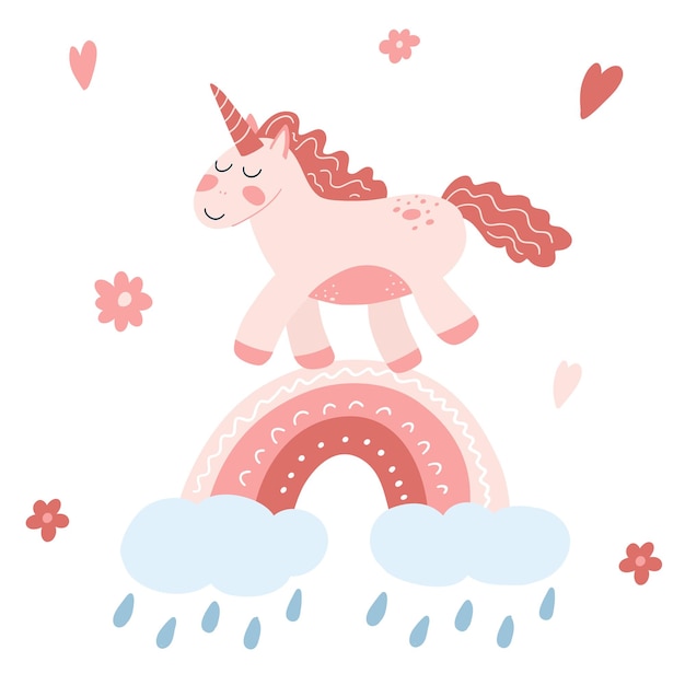 Schattig eenhoorn op regenboog met wolk en regendruppels in cartoon vlakke stijl vectorillustratie van baby paard pony dier in roze kleur voor stof print kleding kinderen textiel ontwerp kaart