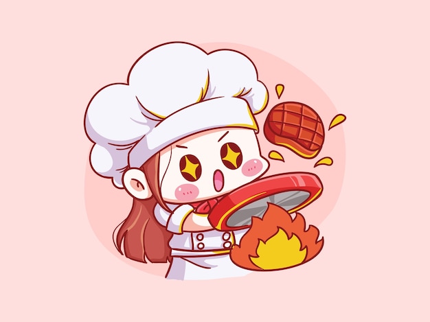 Schattig en kawaii vrouwelijke chef-kok vlees manga chibi illustratie