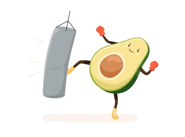 Schattig en sterk avocado boksen in bokshandschoenen en kickbokszak met been. Grappige komische vette groente die sport doet. Gekleurde platte cartoon vectorillustratie geïsoleerd op een witte achtergrond.