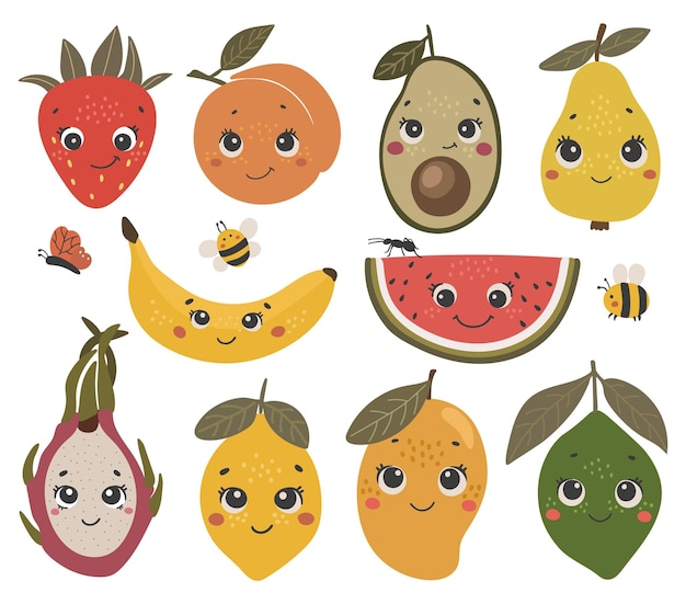 Schattig fruit vector set vruchten met gezicht gelukkig fruit vector set zomer fruit met ogen