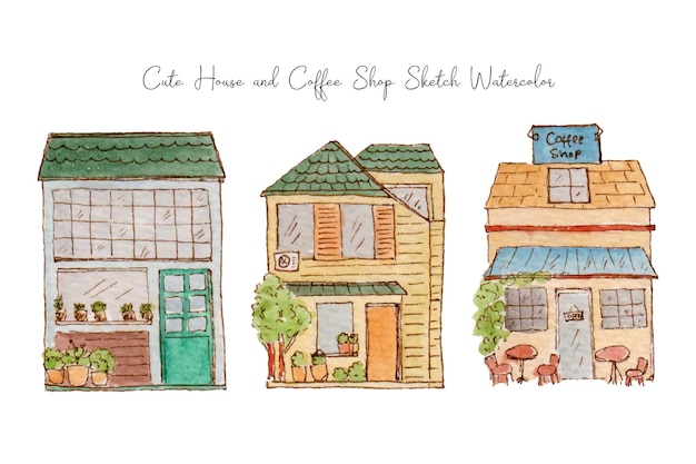 Schattig gebouw huis en café schets aquarel collectie