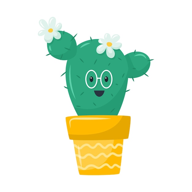 Schattig gelukkig cactus in succulente pot met glazen een kamerplant met bloemen schattig botanisch karakter vectorillustratie in een platte cartoon-stijl geïsoleerd op een witte achtergrond