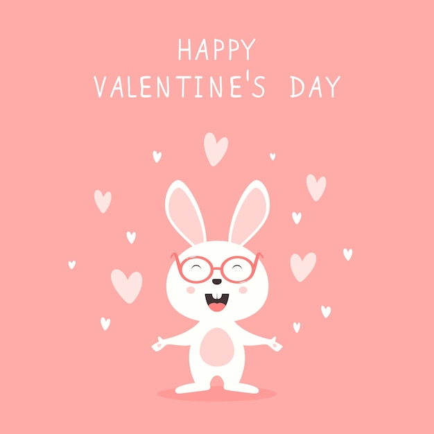 Schattig gelukkig konijn op roze achtergrond met hartjes, Happy Valentines Day. Gelukkig konijntje met glazen. Cartoon afbeelding kan worden gebruikt voor kerstkaarten, kinderkleding en banners