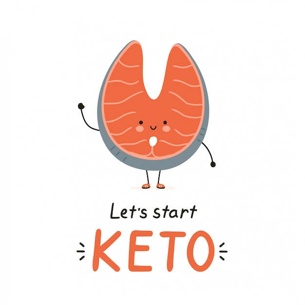 Schattig gelukkig rode vis zalm karakter. geïsoleerd op wit. vector cartoon karakter illustratie kaart ontwerp, eenvoudige vlakke stijl. keto dieet kaart, banner ontwerpconcept