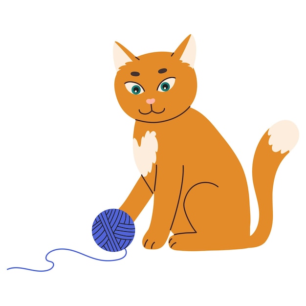 Schattig gember kat spelen met een blauwe bal Huisdier platte vectorillustratie