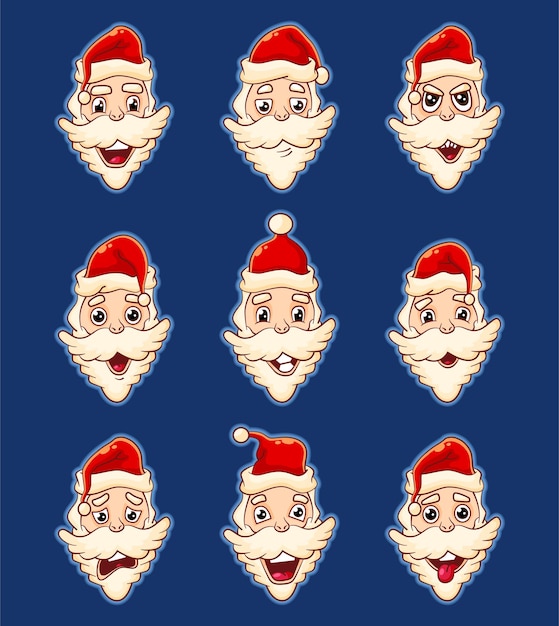 Vector schattig gezicht van de kerstman met verschillende uitdrukkingen