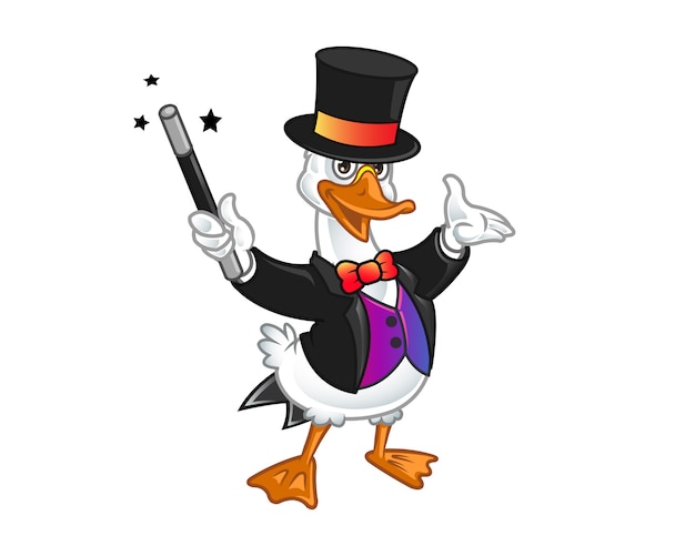 Schattig goochelaar gans cartoon mascotte