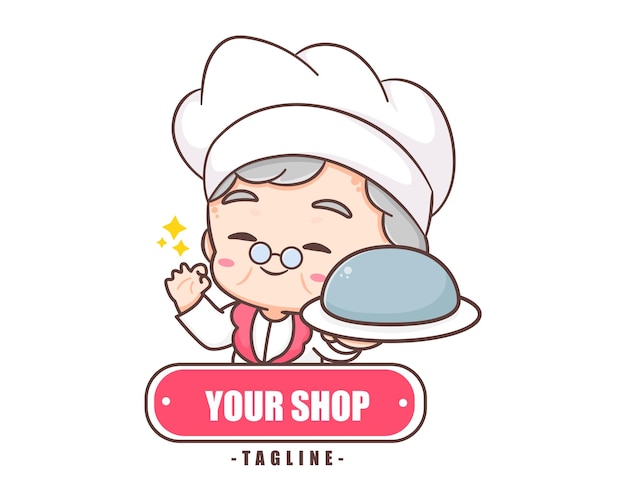 Schattig grootmoeder chef-kok stripfiguur. logo vector kunst illustrator