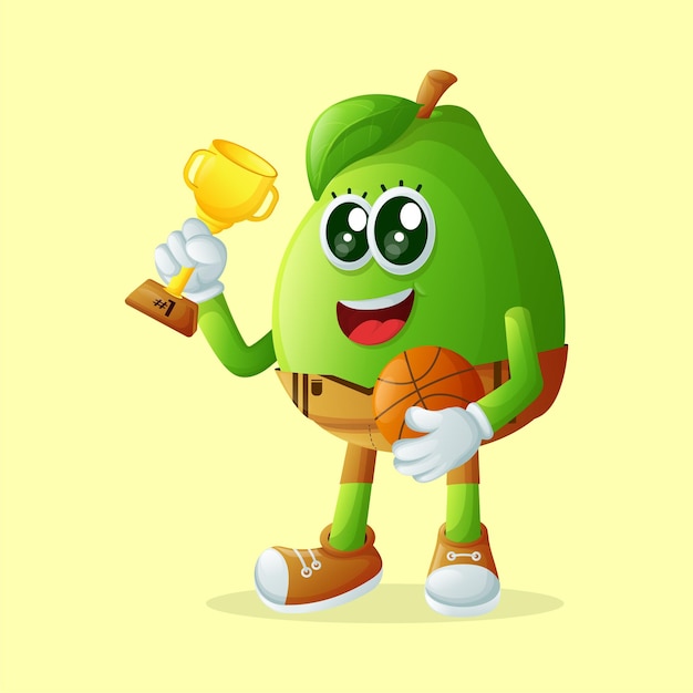 Schattig guave-personage dat basketbal speelt. Perfect voor kinderartikelen en stickerbannerpromotie of blog