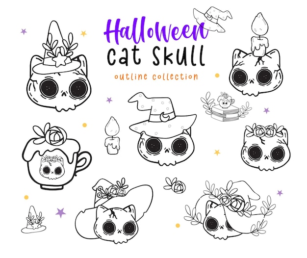 Schattig halloween kitten schedel gezicht met heks hoed kawaii kat schedel hoofd halloween elementen instellen cartoon overzicht doodle set vector voor coloring boek