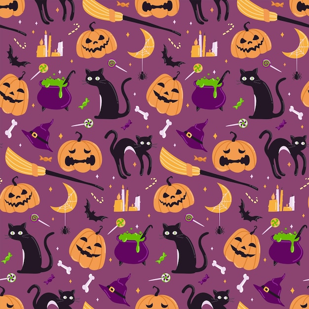 Schattig Halloween vector naadloos patroon Pompoenen met verschillende gezichten zwarte kat Ideaal voor het bedrukken van papieren stoffen en ansichtkaarten