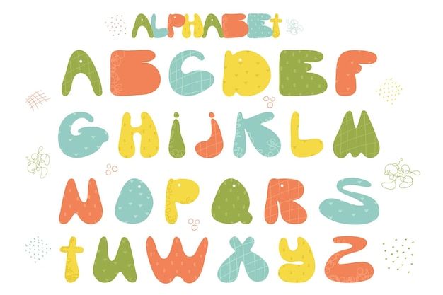 Schattig hand getrokken alfabet gemaakt in vector Doodle letters voor uw ontwerp Vector cartoon alfabet witte achtergrond Grappig abc ontwerp voor boekomslag poster kaart afdrukken op baby's kleding