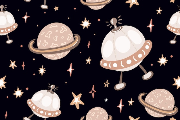 Schattig hand getrokken ufo en planeten sterren ruimte objecten naadloze patroon achtergrond Scandinavische stijl vectorillustratie Inpakpapier kinderen textiel achtergrond