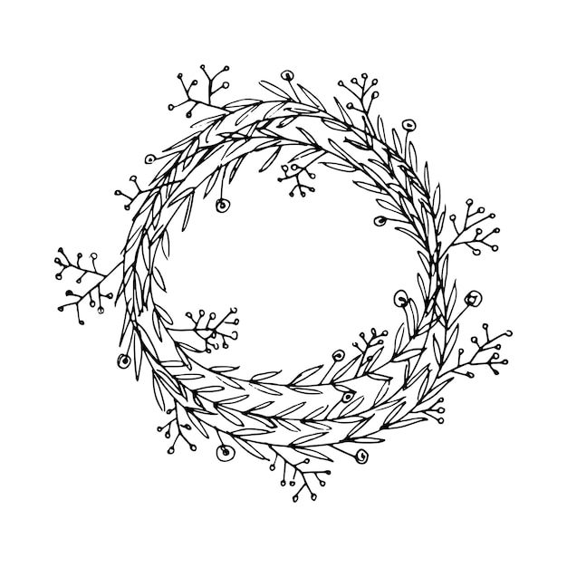 Vector schattig handgetekend rond frame met bloemenelementen kruiden bladeren bloemen twijgen takken doodle