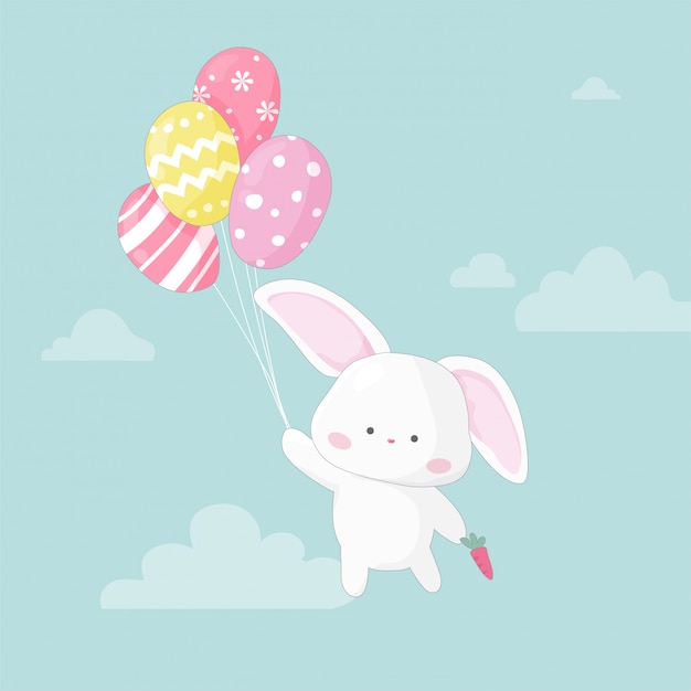Schattig handgetekende konijntje zwevend met ballonnen.