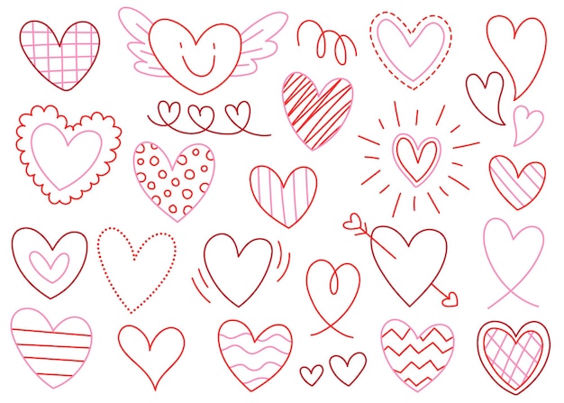 schattig hart element Valentijnsdag liefde roze rode lijn doodle cartoon vector illustratie set collectie